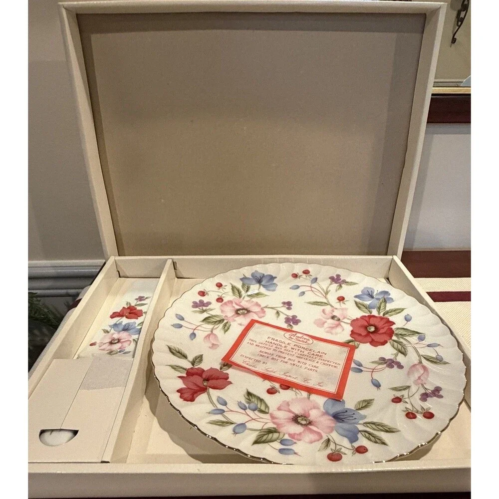 Andrea by Sadek Porcelain Cake Plate and Matching Server Set In Original Box